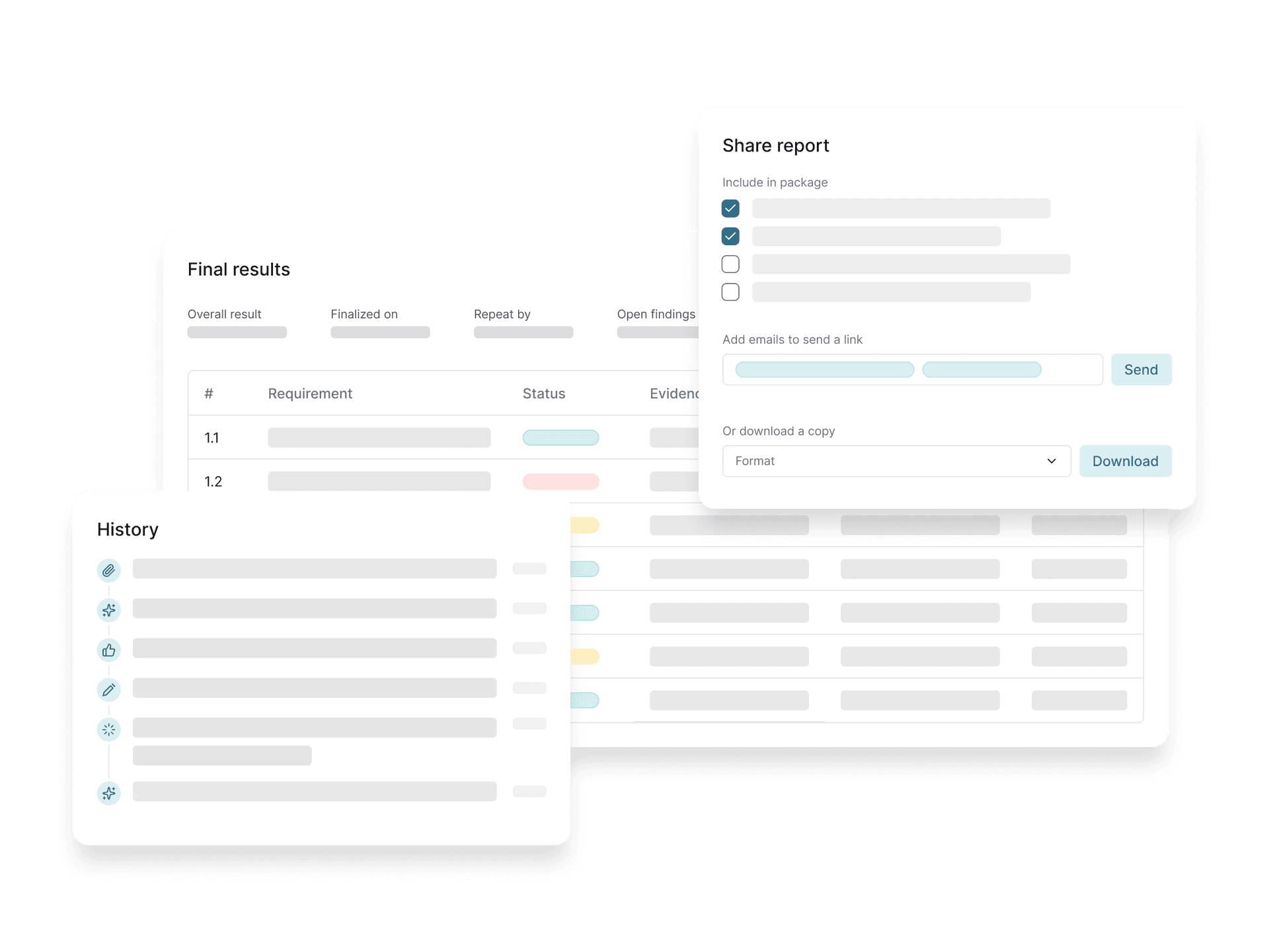 Scope 3 supplier evidence package showing final results organized by criterion with requirement status, timestamped supplier attestations, and share/download interface for CDP or GHG Protocol submission
