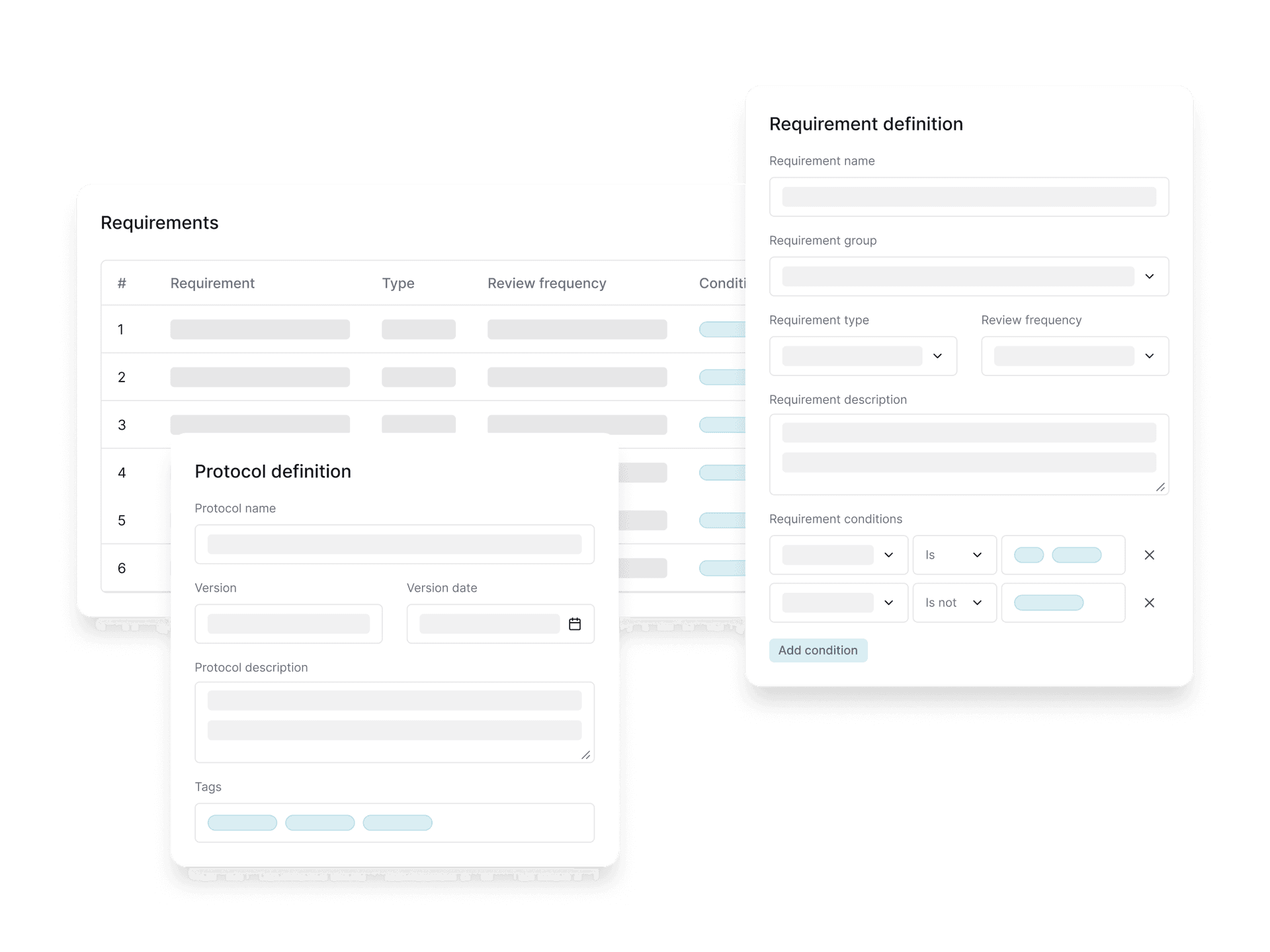 Athian protocol definition interface showing a requirements table with numbered criteria, types, and review frequencies, alongside a Protocol definition form and Requirement definition detail panel